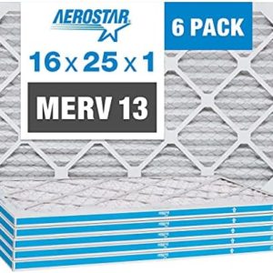 Aerostar 16x25x1 MERV 13 Pleated Air Filter, AC Furnace Air Filter, 6 Pack (Actual Size: 15 3/4" x 24 3/4" x 3/4")