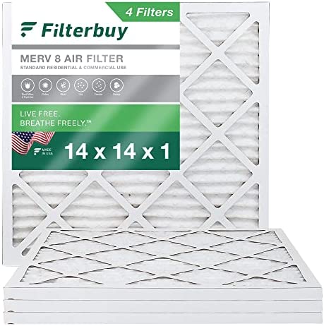 Filterbuy 14x14x1 Air Filter MERV 8 Dust Defense (4-Pack), Pleated HVAC AC Furnace Air Filters Replacement (Actual Size: 13.50 x 13.50 x 0.75 Inches)