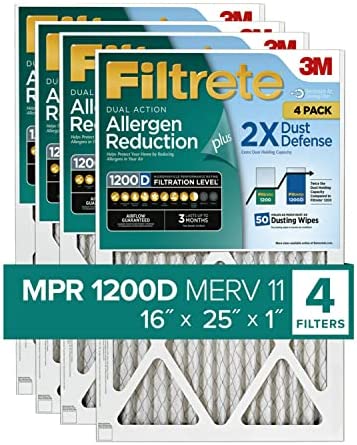 Filtrete 16x25x1 Air Filter MPR 1200D MERV 11, Allergen Reduction Plus Dust, 4-Pack Filters (exact dimensions 15.69x19.69x0.81)