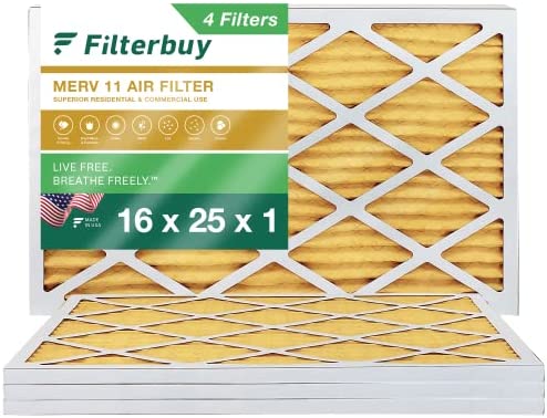 Filterbuy 16x25x1 Air Filter MERV 11 Allergen Defense (4-Pack), Pleated HVAC AC Furnace Air Filters Replacement (Actual Size: 15.50 x 24.50 x 0.75 Inches)