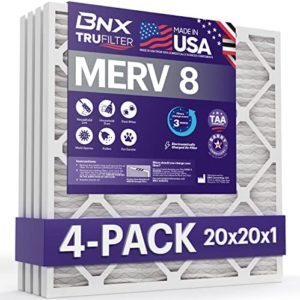 BNX 20x20x1 MERV 8 Air Filter 4 Pack - MADE IN USA - Electrostatic Pleated Air Conditioner HVAC AC Furnace Filters - Removes Dust, Mold, Pollen, Lint