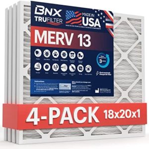 BNX 18x20x1 MERV 13 AC Furnace Air Filter 4 Pack - MADE IN USA - Electrostatic Pleated Air Conditioner HVAC AC Furnace Filters - Removes Pollen, Mold, Bacteria, Smoke