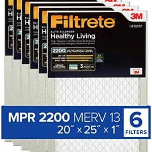 Filtrete 20x25x1, AC Furnace Air Filter, MPR 2200, Healthy Living Elite Allergen, 6-Pack (exact dimensions 19.69 x 24.69 x 0.78)