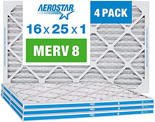 Aerostar 16x25x1 MERV 8 Pleated Air Filter, AC Furnace Air Filter, 4-Pack (Actual Size: 15 3/4"x24 3/4"x3/4")