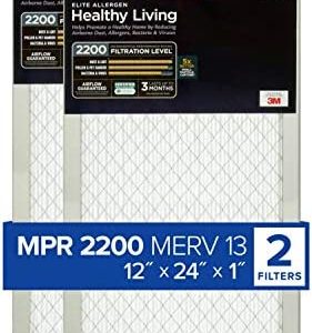 Filtrete 12x24x1, AC Furnace Air Filter, MPR 2200, Healthy Living Elite Allergen, 2-Pack (exact dimensions 11.69 x 23.69 x 0.78)