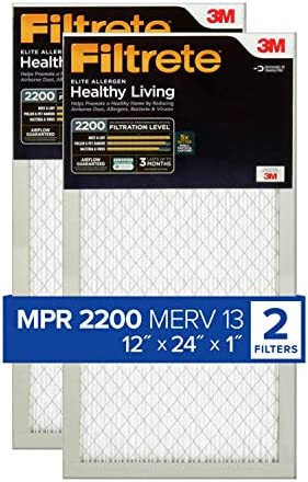 Filtrete 12x24x1, AC Furnace Air Filter, MPR 2200, Healthy Living Elite Allergen, 2-Pack (exact dimensions 11.69 x 23.69 x 0.78)