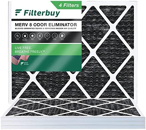 Filterbuy 18x24x1 Air Filter MERV 8 Odor Eliminator (4-Pack), Pleated HVAC AC Furnace Air Filters Replacement with Activated Carbon (Actual Size: 17.38 x 23.38 x 0.75 Inches)