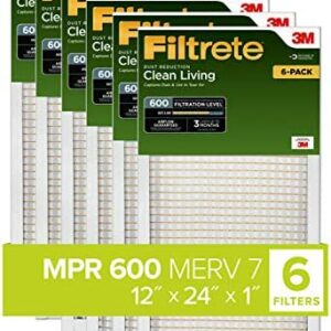 Filtrete 12x24x1, AC Furnace Air Filter, MPR 600, Clean Living Dust Reduction, 6-Pack (exact dimensions 11.69 x 23.69 x 0.81)