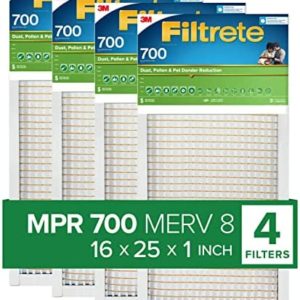 Filtrete 16x25x1 AC Furnace Air Filter, Merv 8 MPR 700, Dust, Pollen, & Pet Dander, 4-Pack (exact dimensions 24.69x15.69x1.56)