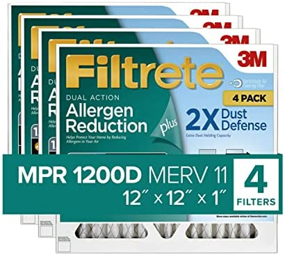 Filtrete 12x12x1 Air Filter MPR 1200D MERV 11, Allergen Reduction Plus Dust, 4-Pack Filters (exact dimensions 11.81x11.81x0.81)