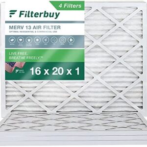Filterbuy 16x20x1 Air Filter MERV 13 Optimal Defense (4-Pack), Pleated HVAC AC Furnace Air Filters Replacement (Actual Size: 15.50 x 19.50 x 0.75 Inches)