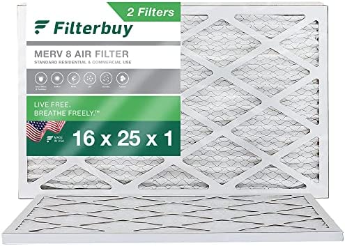 Filterbuy 16x25x1 Air Filter MERV 8 Dust Defense (2-Pack), Pleated HVAC AC Furnace Air Filters Replacement (Actual Size: 15.50 x 24.50 x 0.75 Inches)