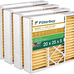 Filterbuy 20x25x5 Air Filter MERV 11 Allergen Defense (4-Pack), Pleated HVAC AC Furnace Air Filters Replacement for Honeywell FC100A1037, Lennox X6673, Carrier EXPXXFIL0020, Bryant, Day & Night, and Payne (Actual Size: 19.88 x 24.75 x 4.38 Inches)