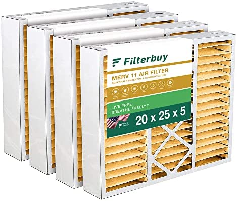 Filterbuy 20x25x5 Air Filter MERV 11 Allergen Defense (4-Pack), Pleated HVAC AC Furnace Air Filters Replacement for Honeywell FC100A1037, Lennox X6673, Carrier EXPXXFIL0020, Bryant, Day & Night, and Payne (Actual Size: 19.88 x 24.75 x 4.38 Inches)
