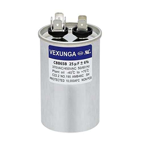 VEXUNGA 25uF 25 MFD 370VAC 440VAC 450VAC 50/60Hz CBB65 C65R Run Start Capacitor for AC Unit Fan Motor Start or Pool Pump or Air Condenser Straight Cool