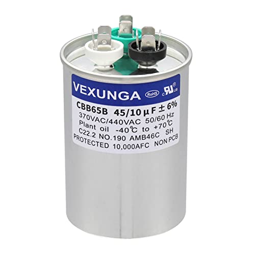 VEXUNGA 45/10 uF 45+10 MFD 370VAC or 440VAC Dual Run Start Round A/C Capacitor CBB65 CBB65B Air Conditioner Capacitors for AC Unit Fan Motor Start or Heat Pump or Condenser Straight Cool