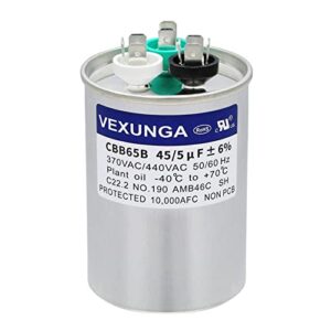 VEXUNGA 45/5 uF 45+5 MFD 370V or 440V Dual Run Start Round A/C Capacitor 45 5 uF 370 440 Volt VAC CBB65B Air Conditioner Capacitors for AC Unit Fan Motor Start or Heat Pump or Condenser Straight Cool