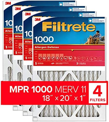 Filtrete 18x20x1 Air Filter, MPR 1000, MERV 11, Micro Allergen Defense 3-Month Pleated 1-Inch Air Filters, 4 Filters