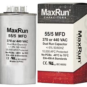 MAXRUN 55+5 MFD uf 370 or 440 Volt VAC Round Dual Run Capacitor for Air Conditioner or Heat Pump Condenser - 55/5 Microfarad Runs AC Motor and Fan - 5 Year Warranty