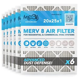 20x25x1 Air Filter (6-PACK) | MERV 8 | MOAJ Advanced Dust Defense | BASED IN USA | Quality Pleated Replacement Air Filters for AC & Furnace Applications | Actual Dimensions: 19.7" x 24.7" x 0.75" (in)