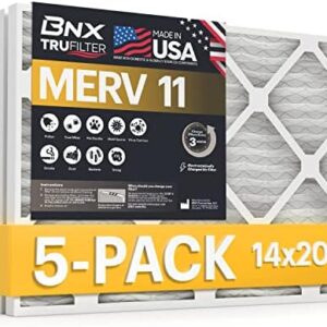 BNX 14x20x1 MERV 11 Air Filter 5 Pack - MADE IN USA - Electrostatic Pleated Air Conditioner HVAC AC Furnace Filters - Removes Dust, Mold, Pollen, Lint, Pet Dander, Smoke, Smog