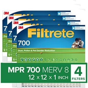 Filtrete 12x12x1 Air Filter, MPR 700, MERV 8, Clean Living Dust, Pollen and Pet Dander Reduction 3-Month Pleated 1-Inch Air Filters, 4 Filters