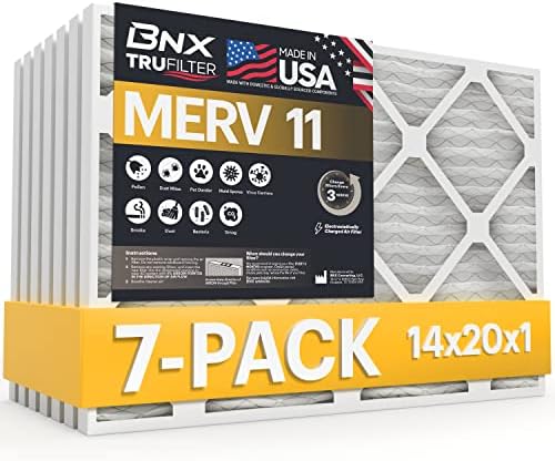 BNX 14x20x1 MERV 11 Air Filter 7 Pack - MADE IN USA - Electrostatic Pleated Air Conditioner HVAC AC Furnace Filters - Removes Dust, Mold, Pollen, Lint, Pet Dander, Smoke, Smog