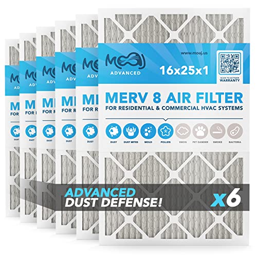 16x25x1 Air Filter (6-PACK) | MERV 8 | MOAJ Advanced Dust Defense | BASED IN USA | Quality Pleated Replacement Air Filters for AC & Furnace Applications | Actual Dimensions: 15.7" x 24.7" x 0.75" (in)