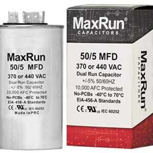 MAXRUN 50+5 MFD uf 370 or 440 Volt VAC Round Dual Run Capacitor for Air Conditioner or Heat Pump Condenser - 50/5 Microfarad Runs AC Motor and Fan - 5 Year Warranty
