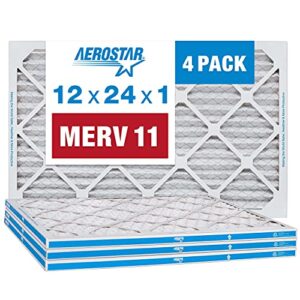 Aerostar 12x24x1 MERV 11 Pleated Air Filter, AC Furnace Air Filter, 4 Pack (Actual Size: 11 3/4"x23 3/4"x3/4")