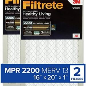Filtrete 16x20x1 Air Filter, MPR 2200, MERV 13, Healthy Living Elite Allergen 3-Month Pleated 1-Inch Air Filters, 2 Filters