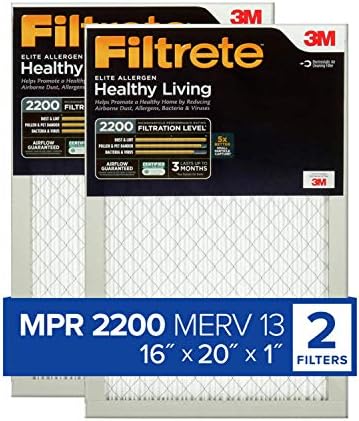 Filtrete 16x20x1 Air Filter, MPR 2200, MERV 13, Healthy Living Elite Allergen 3-Month Pleated 1-Inch Air Filters, 2 Filters