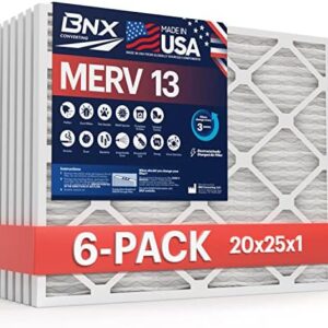BNX TruFilter 20x25x1 Air Filter MERV 13 (6-Pack) - MADE IN USA - Electrostatic Pleated Air Conditioner HVAC AC Furnace Filters for Allergies, Pollen, Mold, Bacteria, Smoke, Allergen, MPR 1900 FPR 10