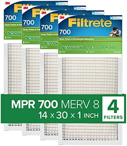 Filtrete 14x30x1 Air Filter, MPR 700, MERV 8, Clean Living Dust, Pollen and Pet Dander Reduction 3-Month Pleated 1-Inch Air Filters, 4 Filters
