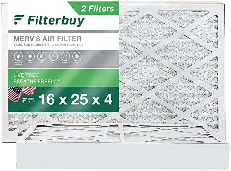 Filterbuy 16x25x4 Air Filter MERV 8 Dust Defense (2-Pack), Pleated HVAC AC Furnace Air Filters Replacement (Actual Size: 15.38 x 24.38 x 3.63 Inches)