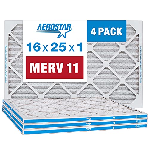 Aerostar 16x25x1 MERV 11 Pleated Air Filter, AC Furnace Air Filter, 4 Pack (Actual Size: 15 3/4"x24 3/4"x3/4")