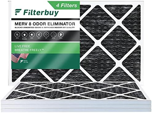 Filterbuy 12x24x1 Air Filter MERV 8 Odor Eliminator (4-Pack), Pleated HVAC AC Furnace Air Filters Replacement with Activated Carbon (Actual Size: 11.38 x 23.38 x 0.75 Inches)