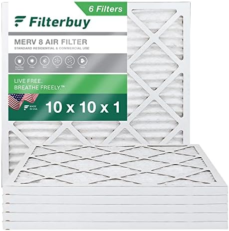 Filterbuy 10x10x1 Air Filter MERV 8 Dust Defense (6-Pack), Pleated HVAC AC Furnace Air Filters Replacement (Actual Size: 9.50 x 9.50 x 0.75 Inches)