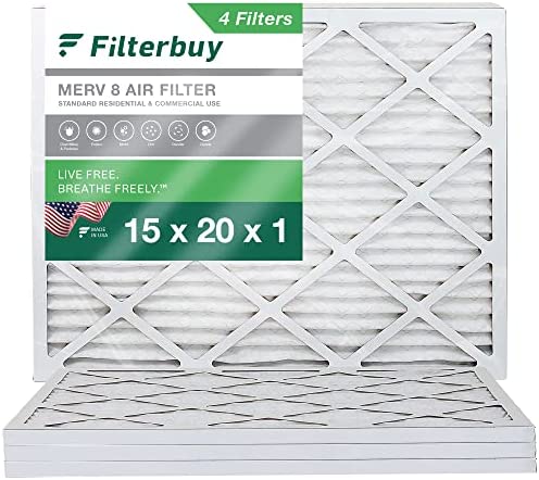 Filterbuy 15x20x1 Air Filter MERV 8 Dust Defense (4-Pack), Pleated HVAC AC Furnace Air Filters Replacement (Actual Size: 14.50 x 19.50 x 0.75 Inches)
