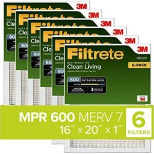 Filtrete 16x20x1 Air Filter, MPR 600, MERV 7, Clean Living Dust Reduction 3-Month Pleated 1-Inch Air Filters, 6 Filters