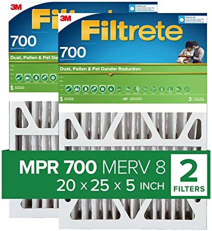 Filtrete 20x25x5 Air Filter, MPR 700, MERV 8, Clean Living Dust, Pollen and Pet Dander Reduction 3-Month Pleated 5-Inch Air Filters, 2 Filters
