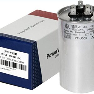 PowerWell 55 + 5 MFD uf Micro Farad 370 or 440 Volt Dual Run Round Capacitor PW-55/5/R for Condenser Straight Cool or Heat Pump air Conditioner 55/5 - Guaranteed to Last 5 Years