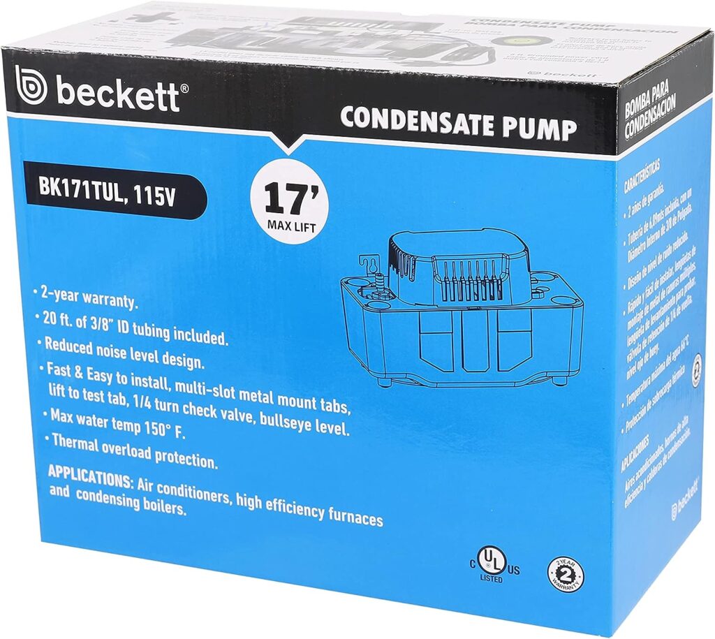 Beckett Corporation BK171TUL (Replaces CB151TUL) Medium Condensate Pump with Safety Switch and Tubing, 115V, 17 Foot Max Lift, Black