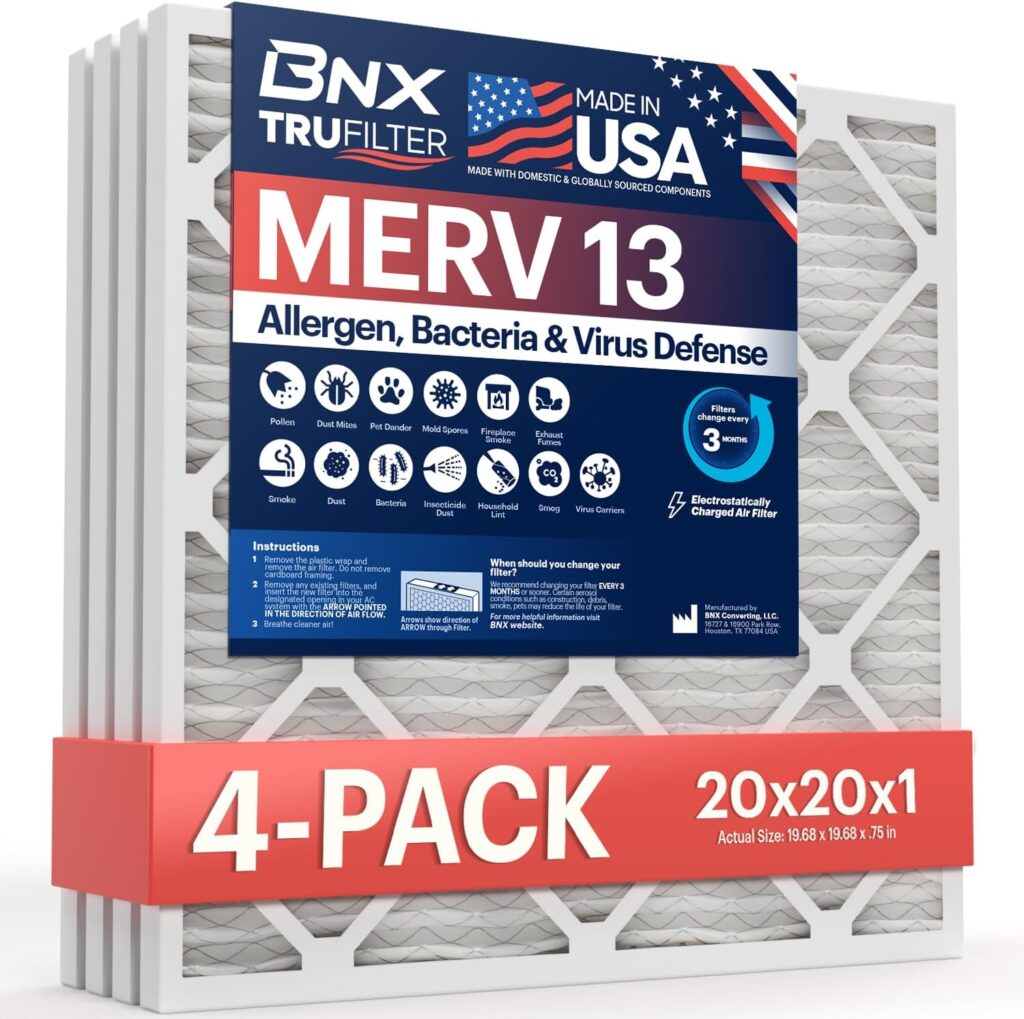 BNX TruFilter 20x20x1 Air Filter MERV 13 (4-Pack) - MADE IN USA - Electrostatic Pleated Air Conditioner HVAC AC Furnace Filters for Allergies, Pollen, Mold, Bacteria, Smoke, Allergen, MPR 1900 FPR 10