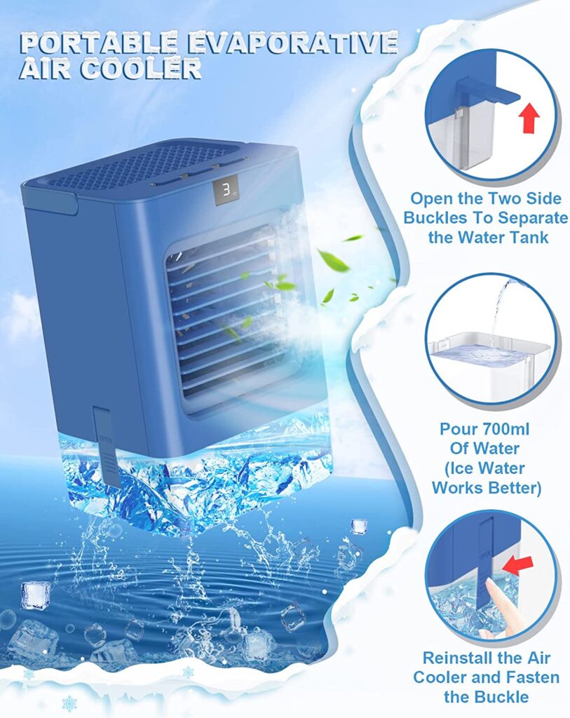 Evaporative Portable Air Conditioners, 700ML Personal Space Mini Air Cooler with 3 Wind Speeds and Spray Humidify, Small AC Cooling Fan, Air Conditioner Portable with Handle for Room Home Camping