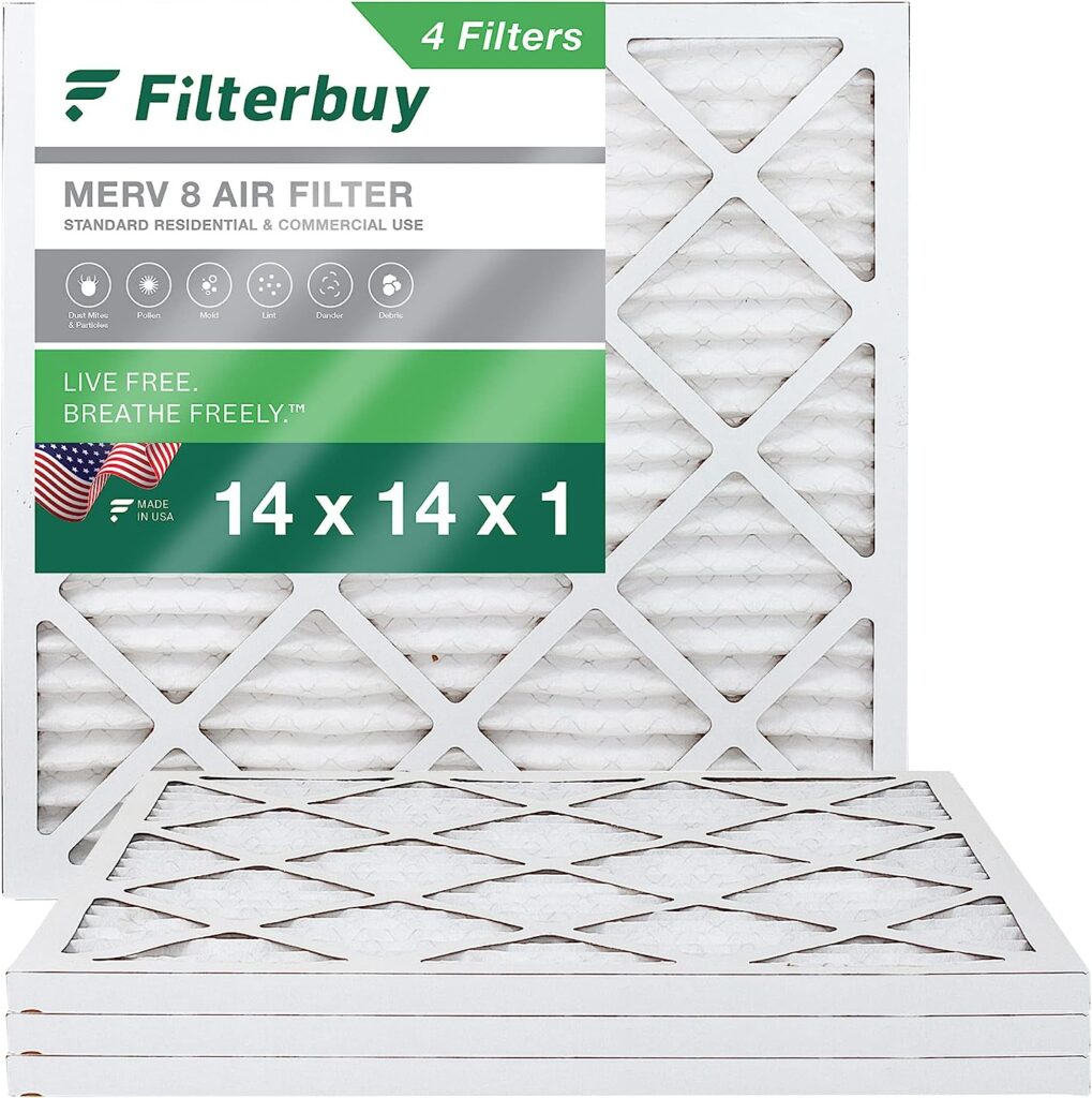 Filterbuy 14x14x1 Air Filter MERV 8 Dust Defense (4-Pack), Pleated HVAC AC Furnace Air Filters Replacement (Actual Size: 13.50 x 13.50 x 0.75 Inches)