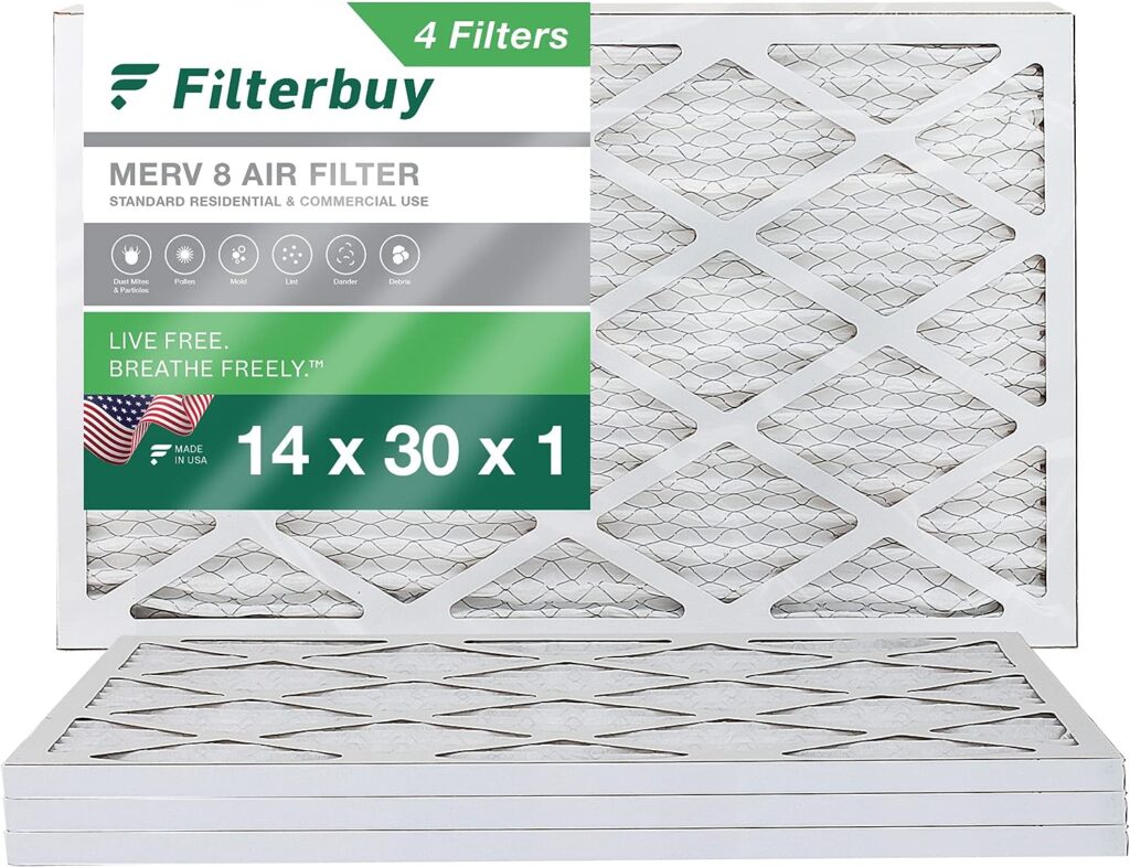 Filterbuy 14x30x1 Air Filter MERV 8 Dust Defense (4-Pack), Pleated HVAC AC Furnace Air Filters Replacement (Actual Size: 13.69 x 29.69 x 0.75 Inches)