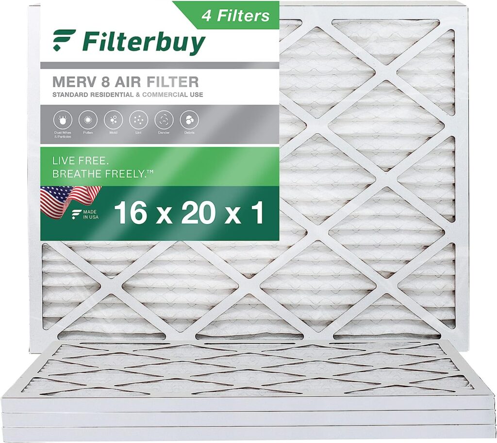 Filterbuy 16x20x1 Air Filter MERV 8 Dust Defense (4-Pack), Pleated HVAC AC Furnace Air Filters Replacement (Actual Size: 15.50 x 19.50 x 0.75 Inches)