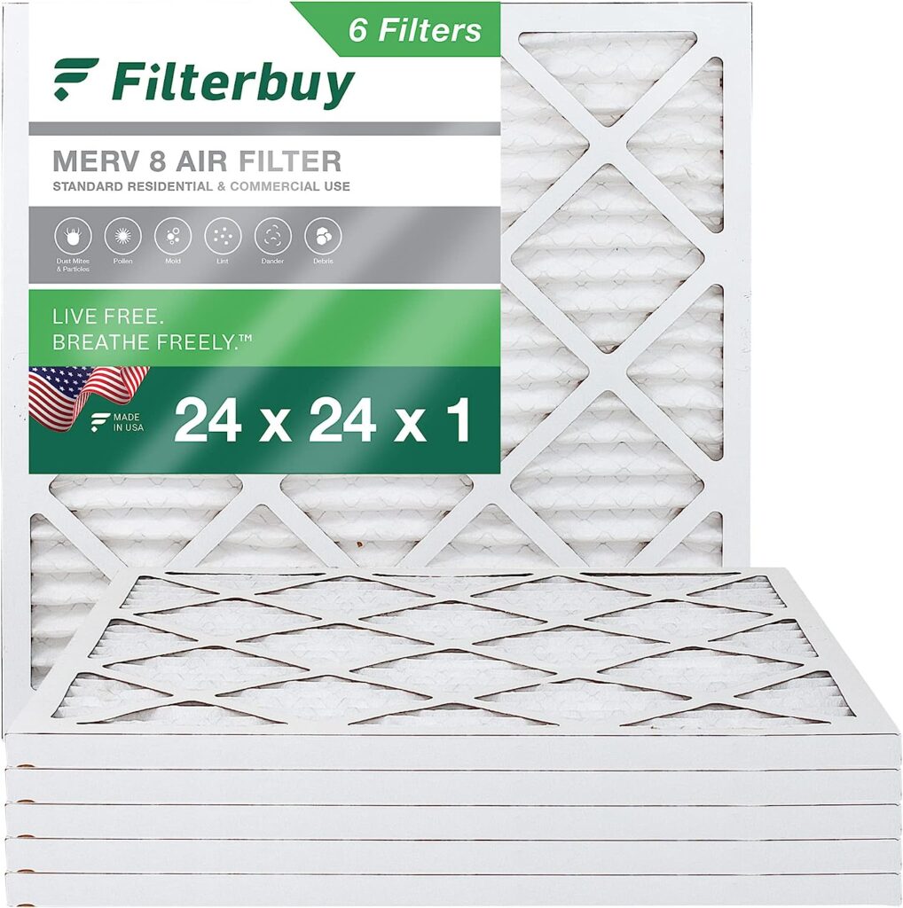 Filterbuy 24x24x1 Air Filter MERV 8 Dust Defense (6-Pack), Pleated HVAC AC Furnace Air Filters Replacement (Actual Size: 23.38 x 23.38 x 0.75 Inches)