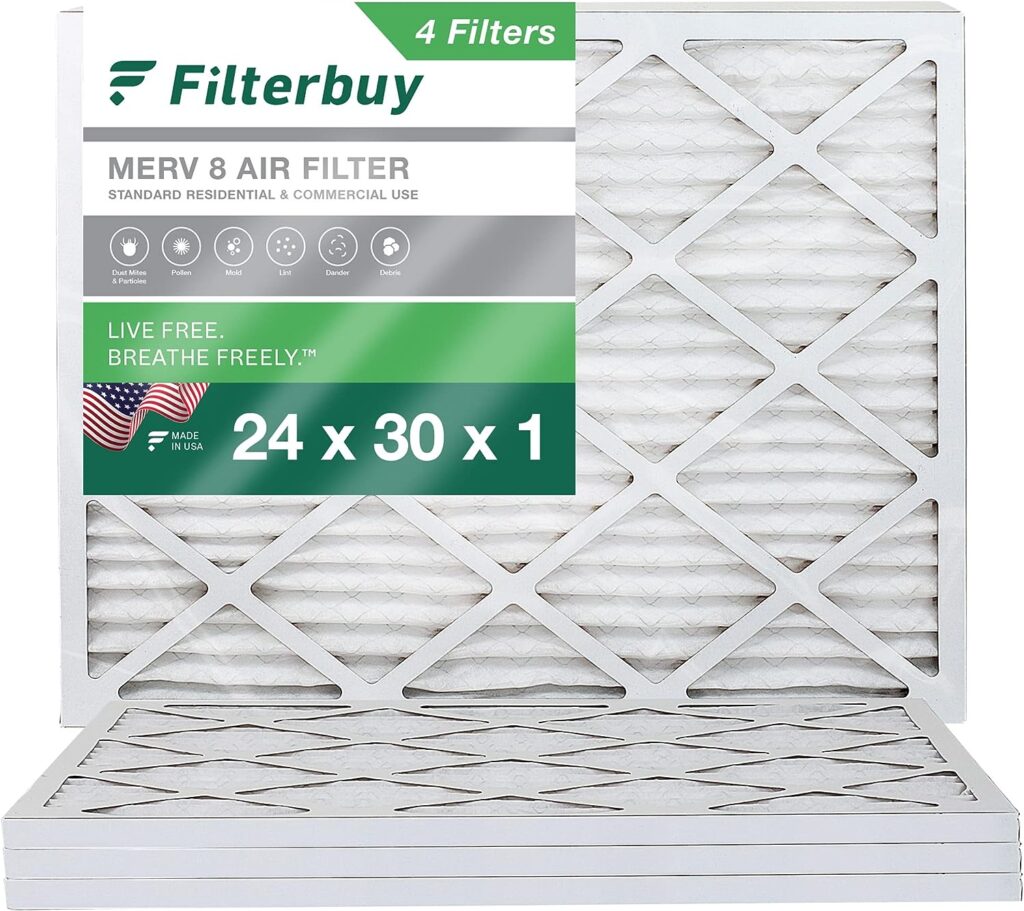 Filterbuy 24x30x1 Air Filter MERV 8 Dust Defense (4-Pack), Pleated HVAC AC Furnace Air Filters Replacement (Actual Size: 23.50 x 29.50 x 0.75 Inches)